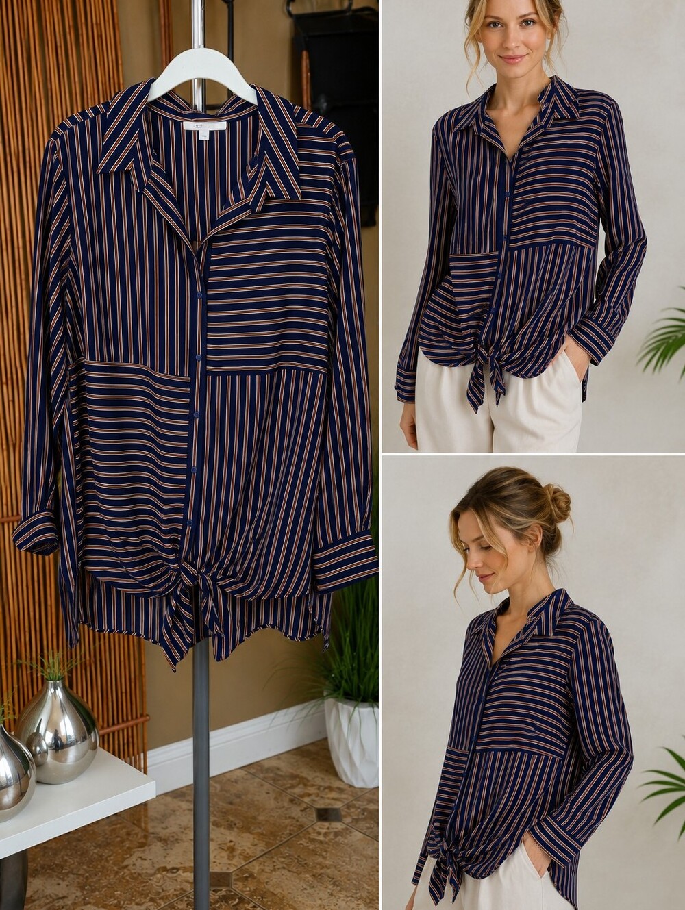 Striped Navy and Tan Tie-Front Button-Up Blouse